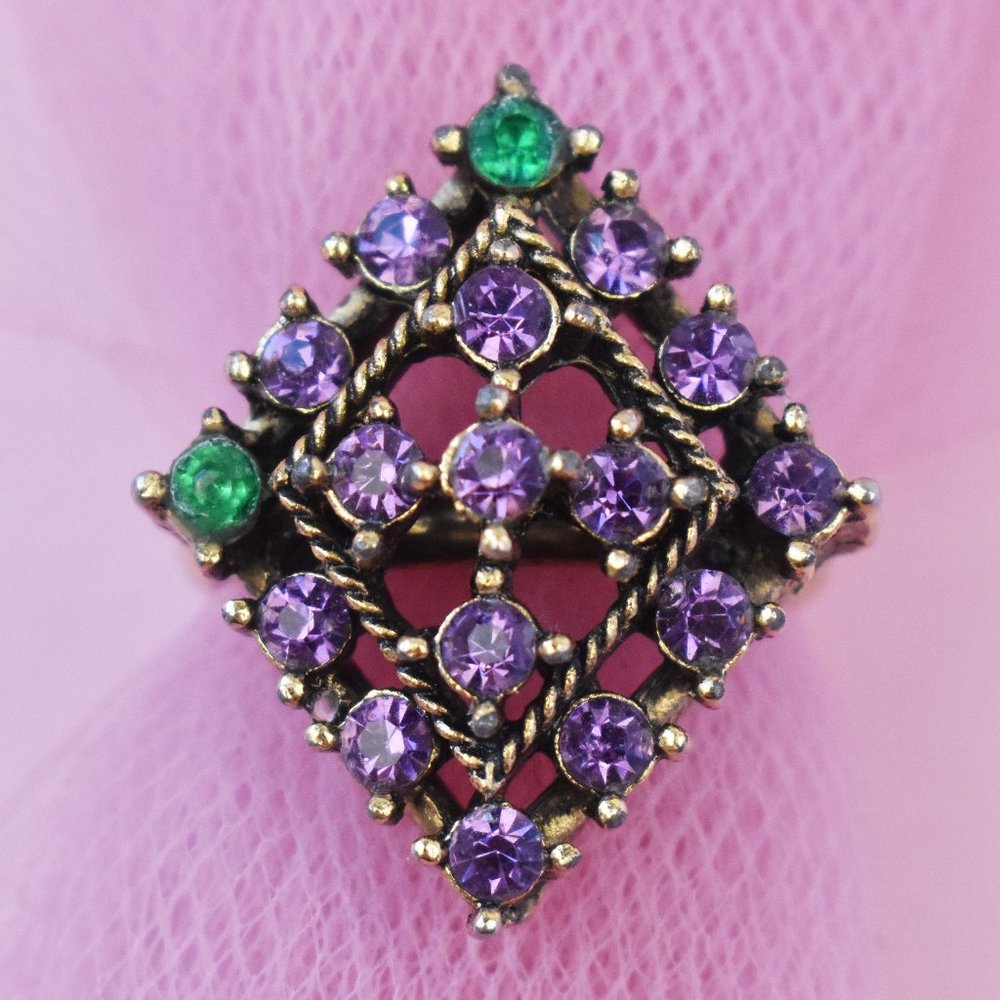 Purple crystal ring for women, large rhinestone cocktail ring